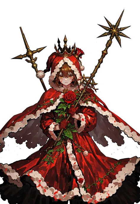 <lora:LOR2nd:0.8:0.8:lbw=OUTALL>,flat color,LOR Artstyle,veil,solo,flower,white background,simple background,holding,crown,staff,blood,rose,no humans,red flower,blood,bloodstain,santa claus,jester,clown,