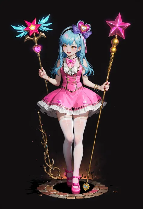 <lora:LOR:0.8:0.8:lbw=OUTALL>,LOR Artstyle,1girl,solo,heart,holding,smile,heart hair ornament,long hair,thighhighs,yellow eyes,full body,simple background,blue hair,open mouth,bangs,standing,magical girl,skirt,white thighhighs,staff,bowtie,bow,dress,pink bow,white background,transparent background,pink skirt,hair ornament,wand,colored skin,bracelet,