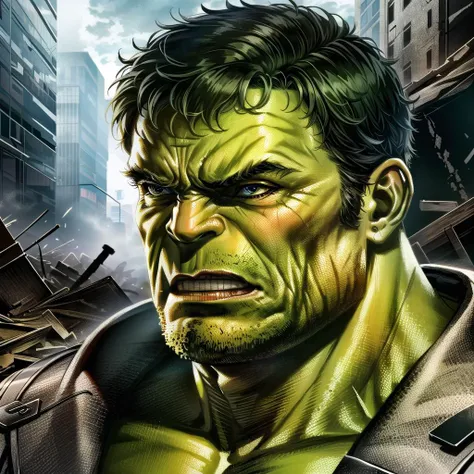 hulk, realistic and detailed portrait, focused and determined expression, upper body, streets, destruction, ruins, day, apocalyptic atmosphere, intricate details, masterpiece, absurdres, best quality, photorealistic <lora:hulk-000020:0.8>