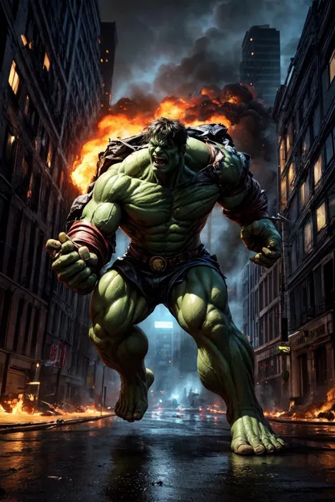 masterpiece, best quality, ultra high res, 3d, photorealistic, masterpiece, best quality, skin indentation, angry, hulk, yellow eyes, dynamic angle, dynamic pose, triumphant smirk, clenched hands, clenched teeth, streets, destruction, ruins, day, apocalypse, dark theme, outdoor, city explosion, bomb, fire, smoke, hulk, <lora:add_detail:1.5>, <lora:LowRA:0.5>, <lora:hulk:1>