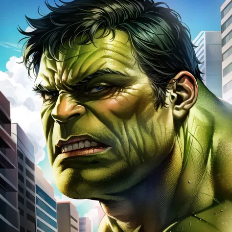 hulk, realistic portrait, brooding and intense, upper body, streets, day, background filled with intricate details, masterpiece, absurdres, best quality, photorealistic <lora:hulk-000020:0.8>