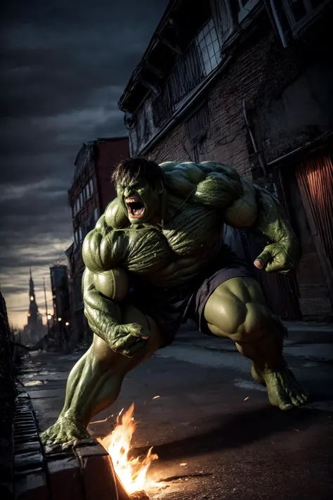 masterpiece, best quality, ultra high res, 3d, photorealistic, masterpiece, best quality, skin indentation, angry, hulk, dynamic angle, dynamic pose, triumphant smirk, clenched hands, clenched teeth, streets, destruction, ruins, day, apocalypse, dark theme, outdoor, city explosion, bomb, fire, smoke, hulk, <lora:add_detail:1.5>, <lora:LowRA:0.5>, <lora:hulk:1>