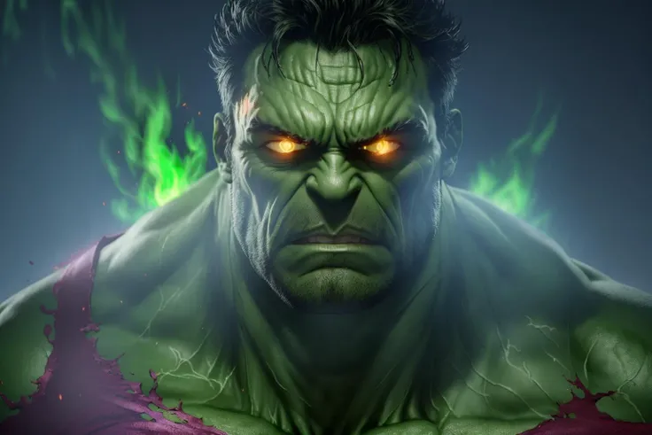 (masterpiece)(best quality)(hulk)(ripped physique:1)(facing the viewer:1)(looking in anger)(serious:1)(angrybrows:1)(glowing green eyes:1)(green gamma flame particlecs effect:1.2)(green glowing viens:1.2)(8k,detailed:1)(cinematic composition)(1 point lighting)(comical:1)(2.5 d) <lyco:hulk-000020:1.0>