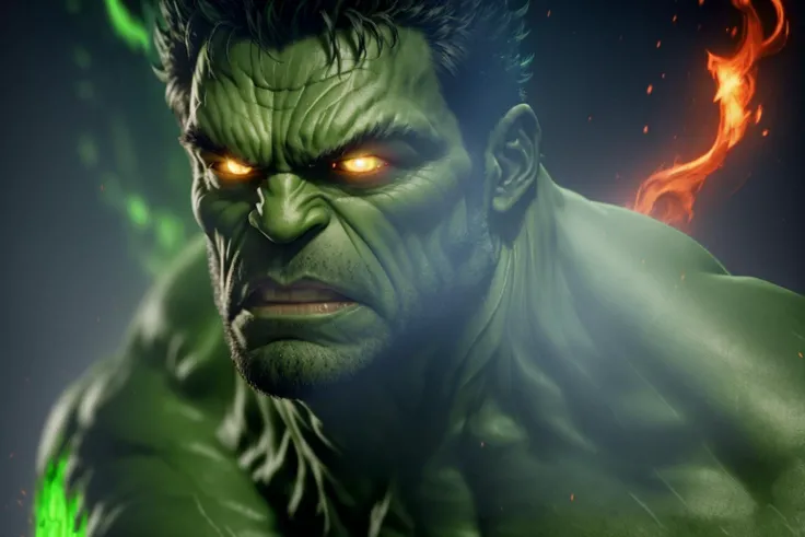 (masterpiece)(best quality)(hulk)(ripped physique:1)(facing the viewer:1)(looking in anger)(serious:1)(angrybrows:1)(glowing green eyes:1)(green gamma flame particlecs effect:1.2)(green glowing viens:1.2)(8k,detailed:1)(cinematic composition)(1 point lighting)(comical:1)(2.5 d) <lyco:hulk-000020:1.0>