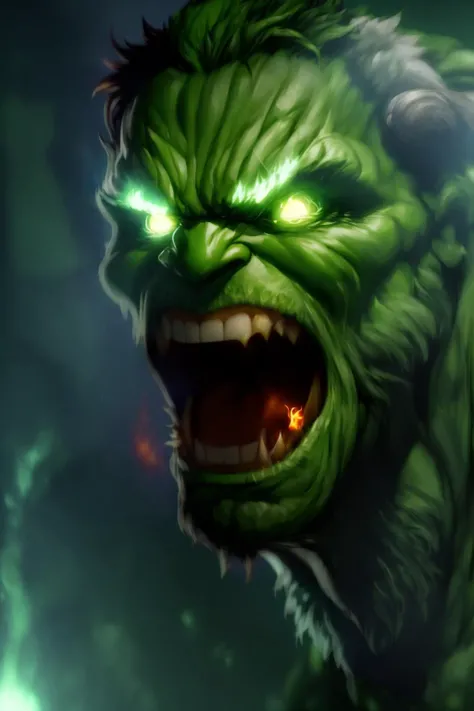 (masterpiece)(best quality)(hulk)(ripped physique:1)(facing the viewer:1)(looking in anger)(serious:1)(grinning teeth)(angrybrows:1)(glowing green eyes:1)(green gamma flame particlecs effect:1.2)(green glowing viens:1.2)(8k,detailed:1)(cinematic composition)(1 point lighting)(comical:1)(2.5 d) (white long beard:1.2)<lyco:hulk-000020:1.0>
