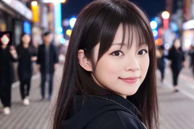 masterpiece,realistic, 4k, detailed, a close up of YK4M43D4 <lora:YK4M43D4:1> modeling in street of seul in the night, highly detailed face, f2.8,denoise, dof, full body, elegant black clothes, blur background, bangs, long hair,