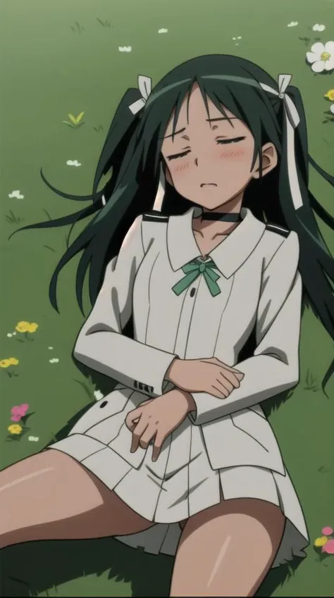 masterpiece, best quality,
francesca lucchini, 1girl, hair ribbon, 
choker, uniform,
sleeping, lying, on side, grass, 
<lora:strike-witches-501st-francesca-lucchini:0.8>