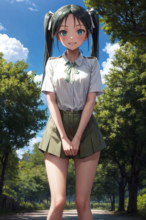 masterpiece, 1girl, francesca lucchini, twintails, standing, green eyes, smile, white shirt, hair ribbon, vibrant, outside, trees, sky, clouds, highly detailed, best quality