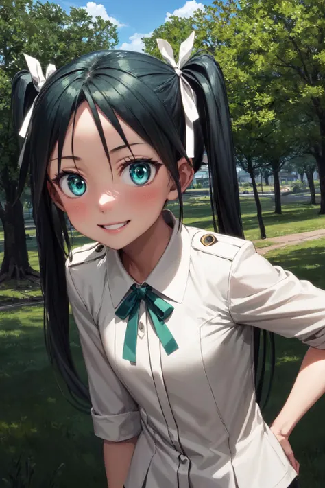 masterpiece, 1girl, francesca lucchini, twintails, standing, green eyes, smile, white shirt, hair ribbon, vibrant, outside, trees, sky, clouds, highly detailed, best quality