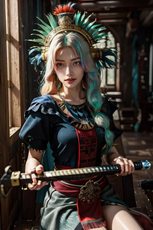 (otherworldly), highly insanely detailed, masterpiece, top quality, best quality, highres, 4k, 8k, RAW photo, (very aesthetic, beautiful and aesthetic),
1girl,
<lora:Mesoamerica_Outfit:0.8>, mesoamerica, looking at viewer, upper body, necklace, grin, headdress,
short hair ,red hair, sparkling silver hair, bright blue-green hair ,rainbow hair, Iridescence hair,split-color hair, dual-toned hair, two-tone hair ,pompadour hair ,hair intakes,soaked hair,wet hair,
(ruby red eyes) ,wakeupeye, rubbing eyes,tears,crying,crying with eyes open,slightly close eyes ,
Sith Academy, Dark chamber with stone walls adorned with crimson banners, heavy wooden tables scattered with ancient scrolls and holocrons, iron sconces casting flickering light, a long wooden bench against one wall, a rack of training swords and lightsabers, white background, dirty blonde background ,
(flower, falling petals, petals on liquid, petals, cherry blossom:0.8),
clothes lift, lifted by self, underboob, (fantasy world)âââ