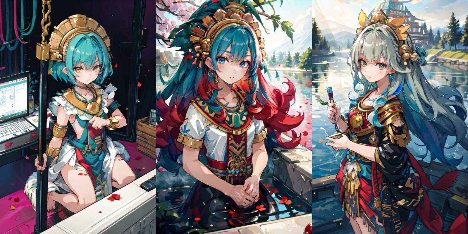 highly insanely detailed, masterpiece, top quality, best quality, highres, 4k, 8k, RAW photo, (very aesthetic, beautiful and aesthetic),
1girl,
<lora:Mesoamerica_Outfit:0.8>, mesoamerica, looking at viewer, upper body, necklace, grin, headdress,
__lazy-wildcards/prompts/hair__,
__lazy-wildcards/prompts/eyes__,
__lazy-wildcards/dataset/background__,
(flower, falling petals, petals on liquid, petals, cherry blossom:0.8),
{__lazy-wildcards/char/pose__|__lazy-wildcards/char/pose-nsfw__}âââ