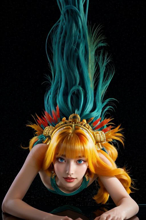 highly insanely detailed, masterpiece, top quality, best quality, highres, 4k, 8k, RAW photo, (very aesthetic, beautiful and aesthetic),
1girl,
<lora:Mesoamerica_Outfit:0.8>, mesoamerica, looking at viewer, upper body, necklace, grin, headdress,
long hair ,yellow hair ,streaked hair ,bob with bangs hair, curtain bangs hair, french twist hair ,ultra floating, floating hair,bioluminescent hair,hair over one shoulder,
(blue eyes) ,gold eyeshadow ,eyelashes_visible_through_hair ,colored eyelashes ,
dark background,
(flower, falling petals, petals on liquid, petals, cherry blossom:0.8),
(downblouse, tank top, breasts_out, leaning forward, bent over)âââ