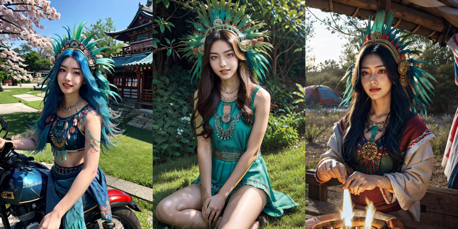 highly insanely detailed, masterpiece, top quality, best quality, highres, 4k, 8k, RAW photo, (very aesthetic, beautiful and aesthetic),
1girl,
<lora:Mesoamerica_Outfit:0.8>, mesoamerica, looking at viewer, upper body, necklace, grin, headdress,
__lazy-wildcards/prompts/hair__,
__lazy-wildcards/prompts/eyes__,
__lazy-wildcards/dataset/background__,
(flower, falling petals, petals on liquid, petals, cherry blossom:0.8),
{__lazy-wildcards/char/pose__|__lazy-wildcards/char/pose-nsfw__}âââ