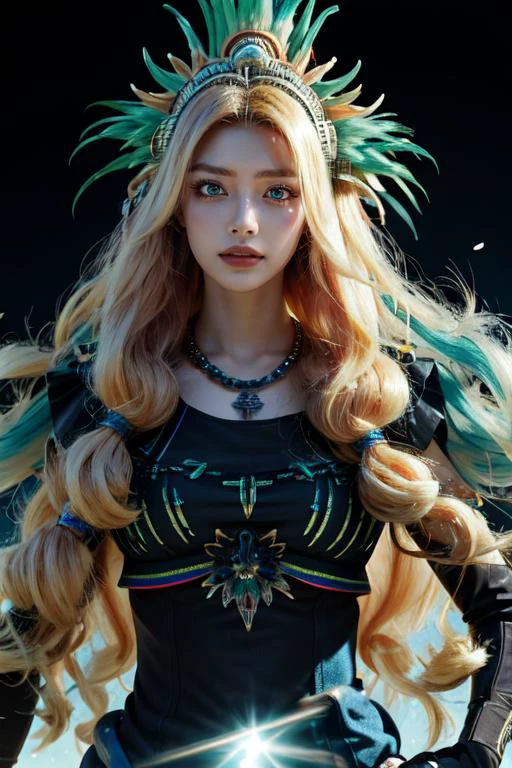 (otherworldly), highly insanely detailed, masterpiece, top quality, best quality, highres, 4k, 8k, RAW photo, (very aesthetic, beautiful and aesthetic),
1girl,
<lora:Mesoamerica_Outfit:0.8>, mesoamerica, looking at viewer, upper body, necklace, grin, headdress,
very long hair ,red hair, sandy blonde hair, bright blue-green hair ,rainbow hair, Iridescence hair ,flipped hair,vortex hair,Blowing hair in the strong wind,
(steel gray eyes,bright blue-green eyes) ,black eyeliner ,eyelashes_visible_through_hair ,light_eyes,shiny_eyes,glowing eyes,sparkling eyes,scar_across_eye,slit pupils,
neon cyan background, neon yellow background, neon green background ,
(flower, falling petals, petals on liquid, petals, cherry blossom:0.8),
female masturbation, (fantasy world)âââ