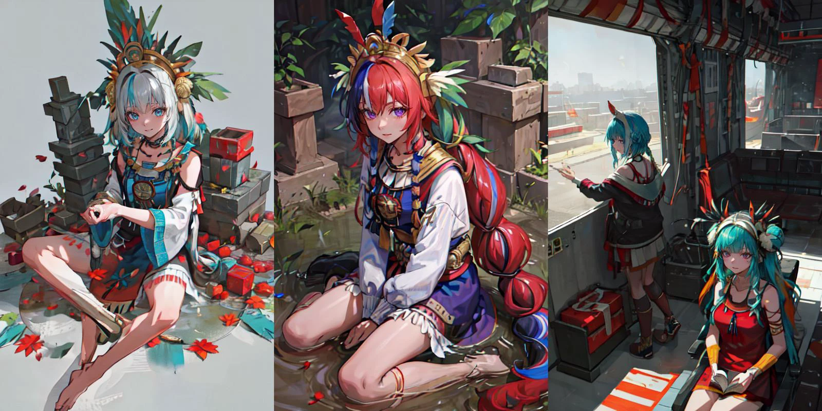 highly insanely detailed, masterpiece, top quality, best quality, highres, 4k, 8k, RAW photo, (very aesthetic, beautiful and aesthetic),
1girl,
<lora:Mesoamerica_Outfit:0.8>, mesoamerica, looking at viewer, upper body, necklace, grin, headdress,
__lazy-wildcards/prompts/hair__,
__lazy-wildcards/prompts/eyes__,
__lazy-wildcards/dataset/background__,
(flower, falling petals, petals on liquid, petals, cherry blossom:0.8),
{__lazy-wildcards/char/pose__|__lazy-wildcards/char/pose-nsfw__}âââ