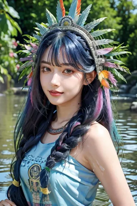 highly insanely detailed, masterpiece, top quality, best quality, highres, 4k, 8k, RAW photo, (very aesthetic, beautiful and aesthetic),  
1girl, 
<lora:Mesoamerica_Outfit:0.8>, mesoamerica, looking at viewer, upper body, necklace, grin, headdress, 
medium hair ,blue hair ,rainbow hair, Iridescence hair,streaked hair ,milkmaid braid hair, crown braid hair, long layers hair, side-swept bangs hair ,leaf hair,spiked hair,abstract representation of the girl in her flowing hair, 
(sparkling silver eyes)   ,thick eyelashes ,green eyelashes  , 
pure cyan background, transparent background, 
(flower, falling petals, petals on liquid, petals, cherry blossom:0.8), 
bath, bathing, steamâââ