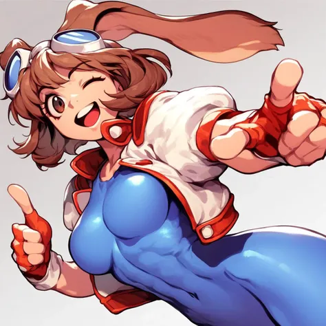 score_9, score_8_up, score_7_up, best quality, masterpiece, source_anime, 5_fingers, simple background, gradient background, rabbit ears, brown hair, bob cut, goggles, brown eyes, puffy sleeves, short sleeves, white jacket, cropped jacket, blue bodysuit, fingerless gloves, red gloves, breasts, wink, open mouth, smile, teeth