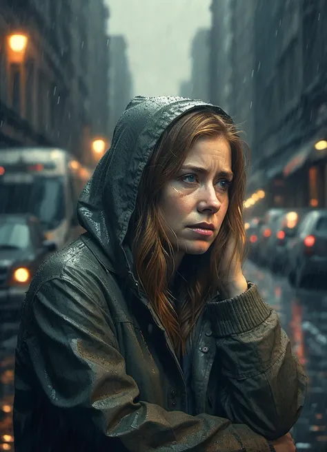 <lora:amyadams_dh128_v1_sdxl:1> ohwx woman, high quality photo of a sad and crying woman, inside on a rainy day, gloomy atmosphere, realistic, highly detailed, strong colors,