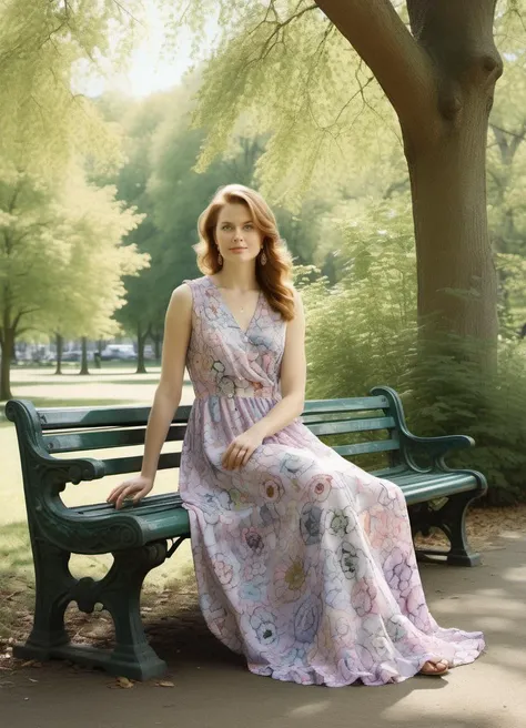 <lora:amyadams_dh128_v1_sdxl:1> ohwx woman, high quality photo of a woman wearing a flower dress, full body, sitting on a park bench on a sunny day, realistic, highly detailed,