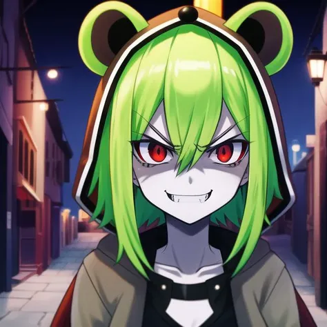Masterpiece, Best quality, 4k resoultion, beautiful eyes, alleyway, city, nighttime, mon,Linda, short green hair, close up, grey skin, angry, animal hood, green hair, red eyes, smug, evil smile,