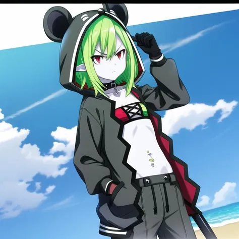 Masterpiece, Best quality, 4k resolution, beautiful eyes, sunny, beach, Linda, short green hair, grey skin, hand holding bat, angry, hoodie, mouse ear hood, green hair, red eyes, collar, solo, pointy ears, green hair, gloves, midriff, hand in pocket, hooded jacket, choker, navel piercing, black gloves, hoodie, letterboxed, animal hood, closed mouth, holding, flat chest,