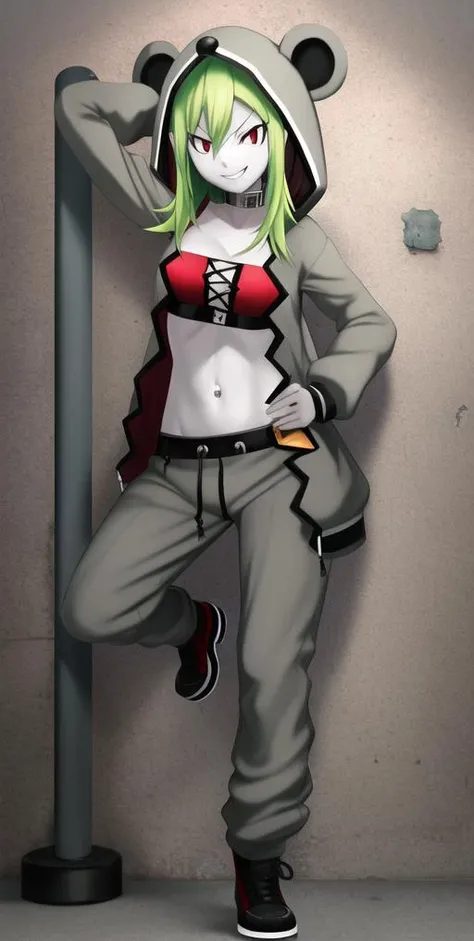 masterpiece, best quality, jail, jail cell, prison, 1girl, solo, Linda, female, hoodie, green hair, grey skin, navel, red eyes, smirk, grey pants, evil, looking at viewer, variety pose, waist up,