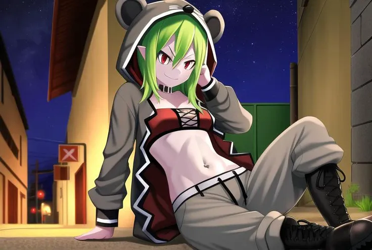 masterpiece, best quality, 4kresolution, nighttime, streets, city, alleyway, 1girl, solo, Linda, female, hoodie, green hair, boots, grey skin, navel, red eyes, smug, pose, grey pants,