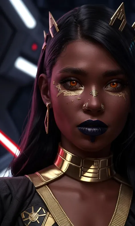 closeup, focus on eyes, sthp2023, red alien, 1girl, red skin, yellow eyes, gold face piercings, nose piercings, septum piercing, nose bridge piercing, black hair, 8k, uhd, best quality, trending on arstation, masterpiece, raw image, skin pores, detailed skin, 5 fingers, star wars