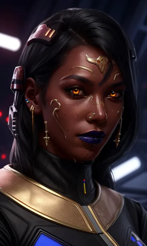 closeup, focus on eyes, sthp2023, red alien, 1girl, red skin, yellow eyes, gold piercings, black hair, 8k, uhd, best quality, trending on arstation, masterpiece, raw image, skin pores, detailed skin, 5 fingers, star wars,