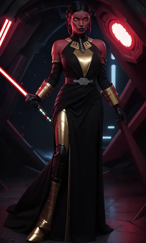 sthp2023, red alien, 1girl, red skin, yellow eyes, gold piercings, face tentacles, black hair, 8k, uhd, best quality, trending on arstation, full body, masterpiece, raw image, skin pores, detailed skin, 5 fingers, star wars, beautiful black dress,