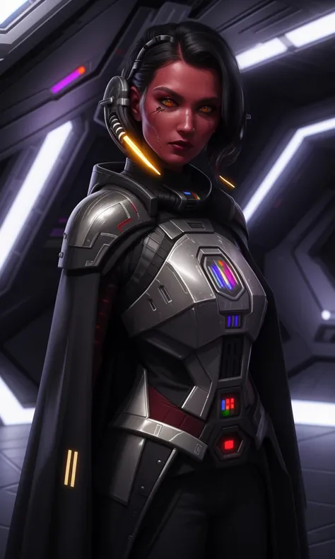 sthp2023, red alien, 1man, red skin, yellow eyes, face piercings, black hair, 8k, uhd, best quality, trending on arstation, masterpiece, raw image, skin pores, detailed skin, 5 fingers, gaunt, cape, spaceport, ships in background, star wars, short hair, tentacles, stormtrooper armor