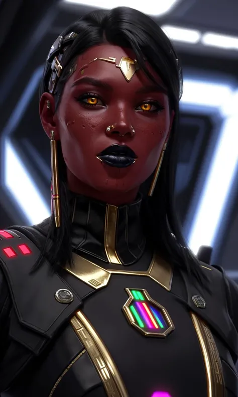 closeup, focus on eyes, sthp2023, red alien, 1girl, red skin, yellow eyes, gold face piercings, nose piercings, septum piercing, nose bridge piercing, black hair, 8k, uhd, best quality, trending on arstation, masterpiece, raw image, skin pores, detailed skin, 5 fingers, star wars