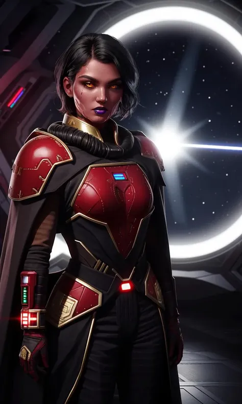 sthp2023, red alien, 1man, red skin, yellow eyes, gold face piercings, black hair, 8k, uhd, best quality, trending on arstation, masterpiece, raw image, skin pores, detailed skin, 5 fingers, gaunt, cape, spaceport, ships in background,  star wars, short hair, tentacles,