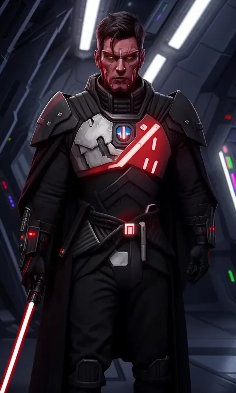 sthp2023, red alien, muscular 1man, red skin, male focus, yellow eyes, face piercings, black hair, 8k, uhd, best quality, trending on arstation, masterpiece, raw image, skin pores, detailed skin, 5 fingers, gaunt, cape, spaceport, ships in background, star wars, short hair, tentacles, stormtrooper armor