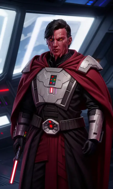 sthp2023, red alien, muscular 1man, red skin, male focus, yellow eyes, face piercings, black hair, 8k, uhd, best quality, trending on arstation, masterpiece, raw image, skin pores, detailed skin, 5 fingers, gaunt, cape, spaceport, ships in background, star wars, short hair, tentacles, stormtrooper armor