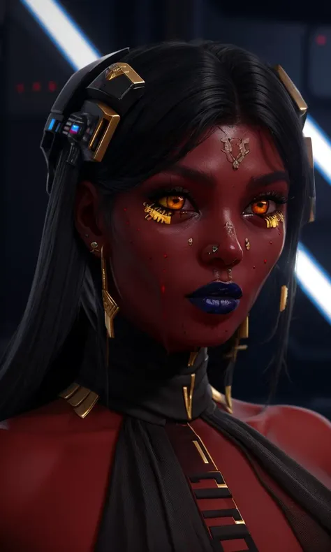 closeup, focus on eyes, sthp2023, red alien, 1girl, red skin, yellow eyes, gold piercings, black hair, 8k, uhd, best quality, trending on arstation, masterpiece, raw image, skin pores, detailed skin, 5 fingers, star wars,