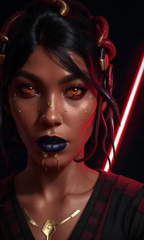 (best quality, 4k, 8k, highres, masterpiece:1.2), ultra-detailed ,illustration, full body portrait of a 20yo dark black woman villain with glowing red eyes, glowing red eyes, cute lustful woman with red dreadlocks, sensual, (passionate), gigantic breasts, gigantic hips, gigantic butt, wet skin, back to the camera, tribal tattoos, looking over shoulder, (gorgeous:1.2), detailed face, soothing tones, high contrast, (natural skin texture, hyperrealism, soft light, sharp), glowing red eyes, standing away from camera, dead superheroes in the background, 1girl, Solo, High Resolution, Looking at viewer, 