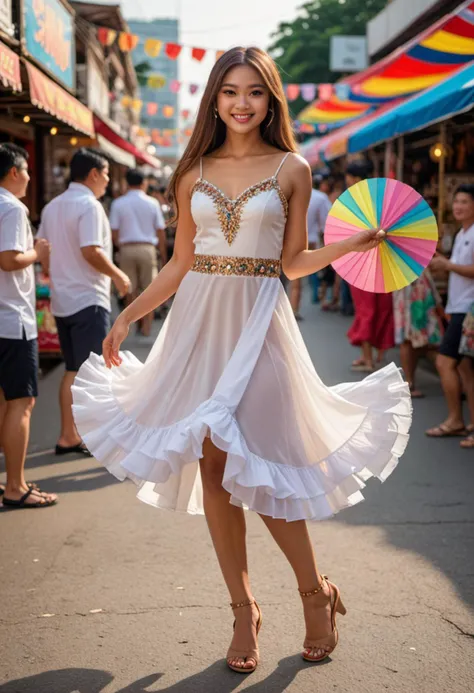 masterpiece, reality, 4k, (medium full shot) of (dazzling rumba dancer) young woman, thai, tan skin, light brown eyes, Average build, long brown straight down hair, wearing a white ruffled rumba dress, character shoes, black eyeshadow, carrying a fan, set in a lively street fair, with vendors selling goods, people dancing, and colorful banners, in daylight, woman smiling