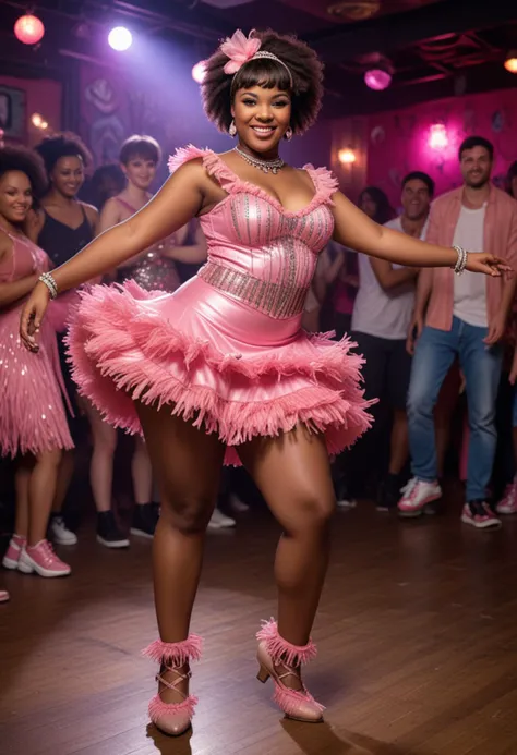 (medium full shot) of (energetic rumba dancer) young woman, south african, dark skin, black eyes, full-figured build, short brown  hair, wearing a pink fringed bodice, tiered skirt, character shoes, bold eyeliner, ruffled arm bands, set in  a themed dance club, with decorations matching the theme, people in costumes, and lively music, woman smiling, Masterpiece,best quality, photo, realistic, very aesthetic, detailed face,