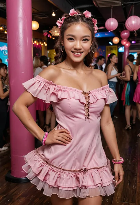 (medium full shot) of (energetic rumba dancer) young woman, korean, tan skin, brown eyes, petite build, long dark dutch braid hair, wearing a pink off-shoulder rumba dress, strappy sandals, smoky eye makeup, ruffled arm bands, set in a themed dance club, with decorations matching the theme, people in costumes, and lively music, in daylight, woman smiling, ,Masterpiece,best quality, photo, realistic, very aesthetic, detailed face,