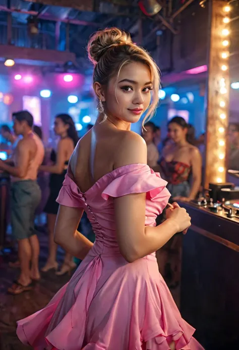 (medium full shot) of (elegant rumba dancer) young woman, thai, fair skin, brown eyes, curvy build, medium blonde updo hair, wearing a pink off-shoulder rumba dress, dance heels, bold eyeliner, sash, set in  a trendy nightclub, with pulsing lights, a crowded dance floor, and a DJ spinning tunes, under the moonlight, woman smiling, ,Masterpiece,best quality, photo, realistic, very aesthetic, detailed face,