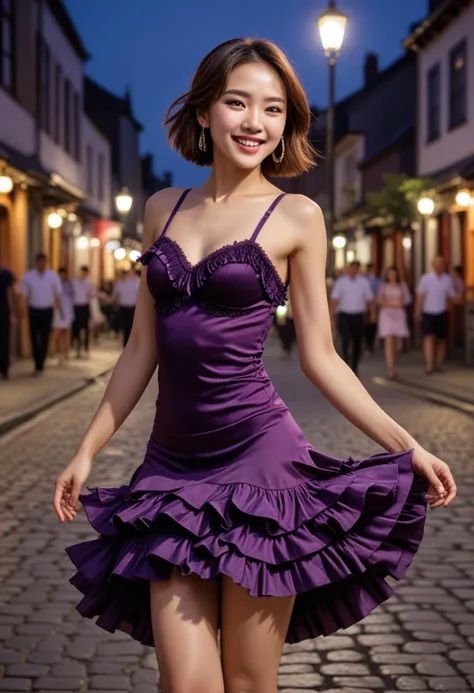 (medium full shot) of (energetic rumba dancer) young woman, korean, fair skin, brown eyes, slender build, long hazel bob hair, wearing a deep purple fringed bodice, tiered skirt, strappy sandals, black eyeshadow, ruffled arm bands, set in a quiet cobblestone street, with dancers performing, street lamps casting a warm glow, under the moonlight, woman smiling, Masterpiece,best quality, photo, realistic, very aesthetic, detailed face,
