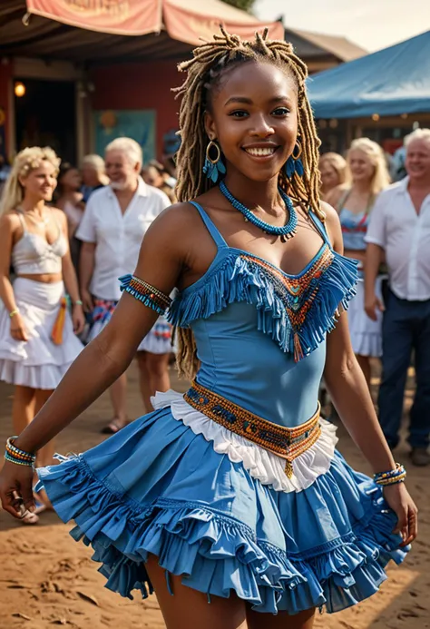 (medium full shot) of (graceful rumba dancer) young woman, south african, dark skin, black eyes, slim build, extra long blonde dreadlocks hair, wearing a blue fringed bodice, ruffled skirt, character shoes, bold eyeliner, ruffled arm bands, set in a cultural festival, with traditional decorations, live music, and enthusiastic dancers , during sunset, woman smiling, ,Masterpiece,best quality, photo, realistic, very aesthetic, detailed face,