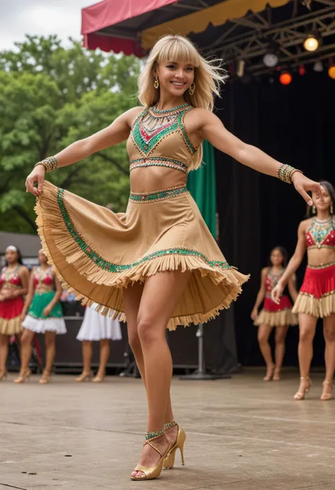 masterpiece, reality, 4k, (medium full shot) of (rhythmic rumba dancer) young woman, native american, tan skin, green eyes, slender build, short blonde curtain bangs hair, wearing a gold fringe rumba dress, dance heels, bold eyeliner, ruffled arm bands, set in an open-air stage, with a natural backdrop, a large audience, and a festive atmosphere, woman smiling