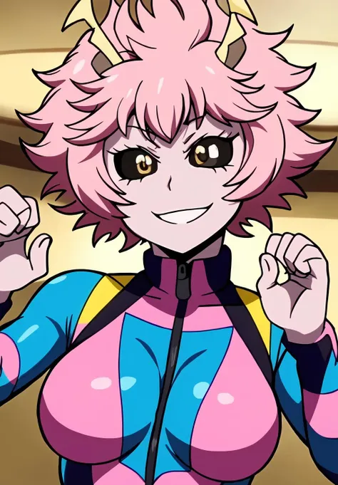 <lora:mina_ashidov2:0.8>, mina_ashido, (masterpiece, best quality,perfect lighting), 1girl, solo, smirk, strike a pose, portrait, hands up, bodysuit,