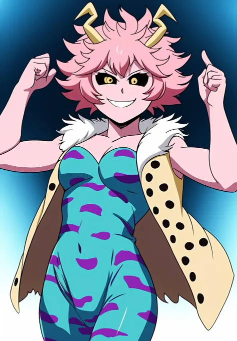 <lora:mina_ashidov2:0.8>, mina_ashido, (masterpiece, best quality,perfect lighting), 1girl, solo, smirk, strike a pose, portrait, vest, fur trim, hands up, superhero, open vest, unitard, cleavage, bare shoulders,