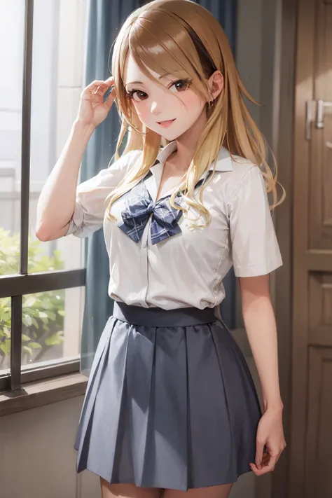 (masterpiece, best quality:1.2), <lora:idolmaster_sc_izumi-13:1>, cowboy shot, solo, 1girl, izumi mei, dark skin, dark-skinned female, gyaru, smile, closed mouth, hand in own hair, school uniform, pleated skirt