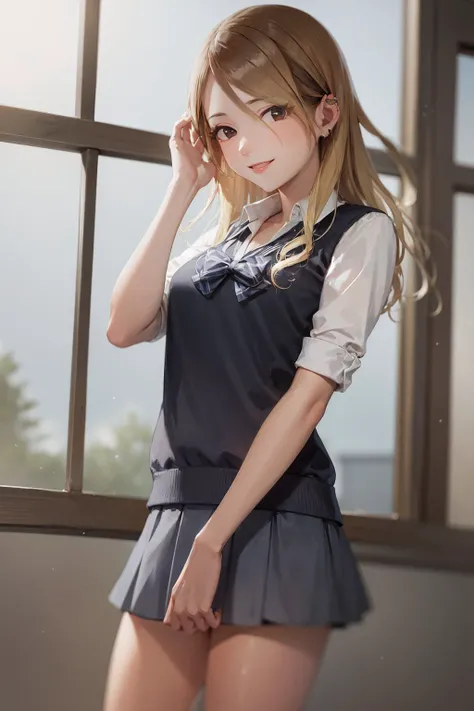 (masterpiece, best quality:1.2), <lora:idolmaster_sc_izumi-13:1>, cowboy shot, solo, 1girl, izumi mei, dark skin, dark-skinned female, gyaru, smile, closed mouth, hand in own hair, school uniform, vest, pleated skirt