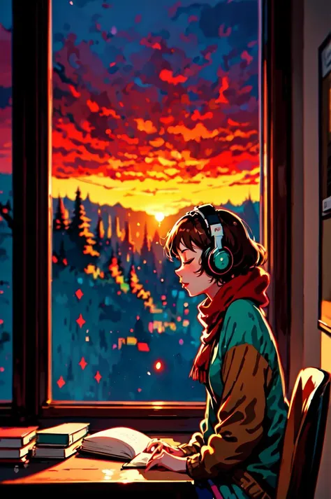 <lora:Homework_Desk:0.6> masterpiece, best illustration, ((anime)), 1girl, solo, headphones, brown hair, closed eyes, window, indoors, red scarf, sitting, tree, scarf, sweater, short hair, desk, sunset, book, from side, blurry