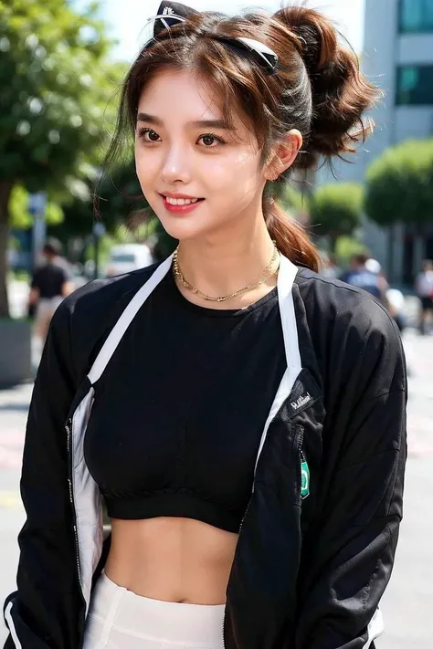cat ears,best quality, ultra high res, (photorealistic:1.4), 1girl, loose and oversized black jacket, white sports bra, (green yoga pants:1), (Kpop idol), (aegyo sal:1), huge breasts, (light brown short ponytail:1.2), ((puffy eyes)), looking at viewer, smiling, cute, full body, streets, outdoors